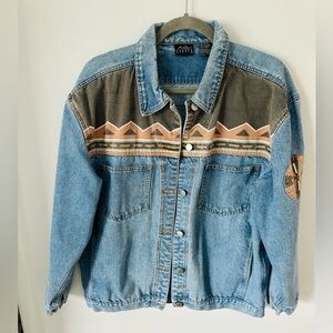 Vintage 100% Cotton Blue and Brown Denim Aztec Jacket